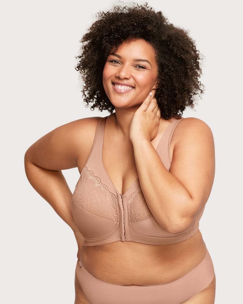 Front of a model wearing a size 42F MagicLift Natural Shape Front-Closure Bra in Cappuccino by Glamorise. | dia_product_style_image_id:263034